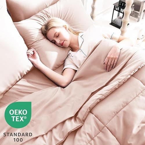 CozyLux Queen Comforter Set Blush Pink, 7 Pieces Bed in a Bag, Pink Comforters Queen Size, All Season Bedding Sets with Stitch Quilted Comforter, Flat Sheet, Fitted Sheet, Pillowcases thumbnail 3