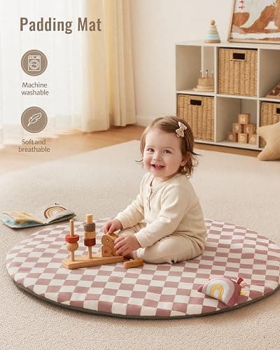 Blissful Diary Baby Play Gym Mat, Play Mat Activity Mat with 6 Detachable Toys for Stage-Based Sensory & Motor Skill Development, Easy to Install & Clean, Baby Essentials Gift, Blush Checkered thumbnail 6