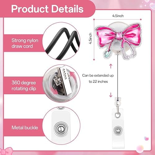 Kimoli Pink Bow Nursing Badge Reel for Id Card Badge Retractable Nurse Student Badge Reel Holer Healthcare Badge Reel for Nurse Nursing Student Nurse Gifts for Women thumbnail 3