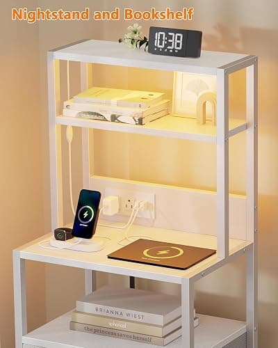 Furnulem Night Stand, Tall White Nightstand with 4-Tier Shelves, 2 PU Fabric Drawers and Light Tube, Bed Side Tables with Charging Station, Bedside Table for Bedroom thumbnail 6