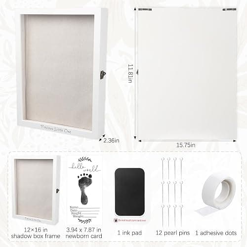 Jetec 12 x 16 Large Baby Shadow Box Set White Keepsake Frame Case with Linen Back Hello World Newborn Sign Ink Pad Wood Memory Shadow Box with Glass Cover Baby Print Announcement for Wall Display thumbnail 3