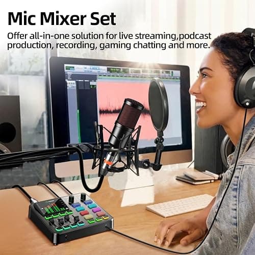 Podcast Equipment Bundle, PUPGSIS Audio Mixer with XLR Dynamic Microphone, Pro-preamp, Bluetooth 5.3, All-in-One Gaming Equipment Set for Podcast Recording, Live Streaming, Video Vocals, PC, Phone, DJ - Black thumbnail 3