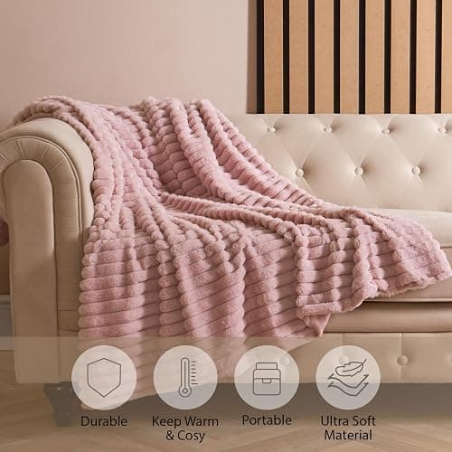OHS Faux Fur Ribbed Pink Throw, Winter Warm Thick Blanket for Bed Sofas Fleece Throws for Home Decorative Comfy Super Soft Couch Cover Throw, 125 x 150cm - Blush thumbnail 5