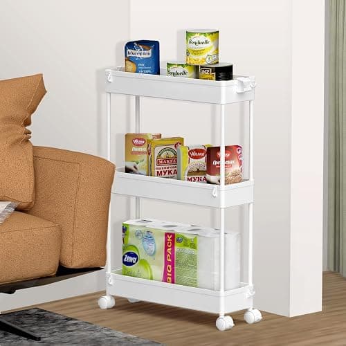 SPACELEAD Slim Storage Cart 3 Tier,Bathroom Organizer Rolling Utility, Mobile Shelving Unit Slide Out for Office, Kitchen, Laundry Room & Narrow Places,White - White thumbnail 7
