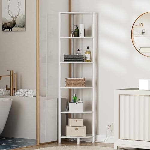 Furnulem 6 Tier Corner Shelf with LED Light, 67.5” Tall Standing Shelf Organizer, White Narrow Bookshelf with Storage Rack for Wall Corner, Living Room, Bedroom, Metal Frame, Wood Display Shelf thumbnail 4
