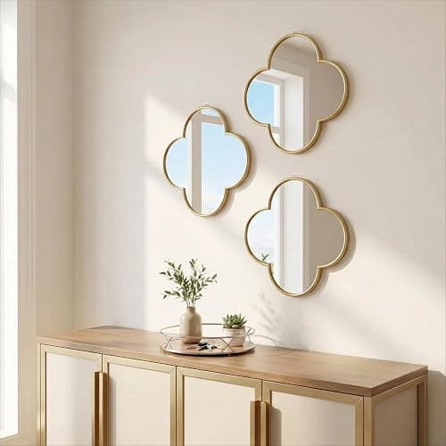DECANIT Gold Wall Mirrors Set of 3 - Vintage Quatrefoil Decorative Hanging Mirrors for Living Room, Bedroom & Entryway - Antique Brass Scalloped Accent Mirror for Modern Farmhouse & Boho Wall Decor thumbnail 5