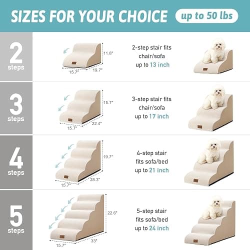 COZY KISS Dog Stairs for Small Dogs 15.7" H, Curved Dog Step for Puppy, Older Cat, Medium Pet Ramp for Sofa, Couch or Chair, Ladder with High Density Foam, 3 Step, 15.7x22.4x15.7 inch, Beige thumbnail 2