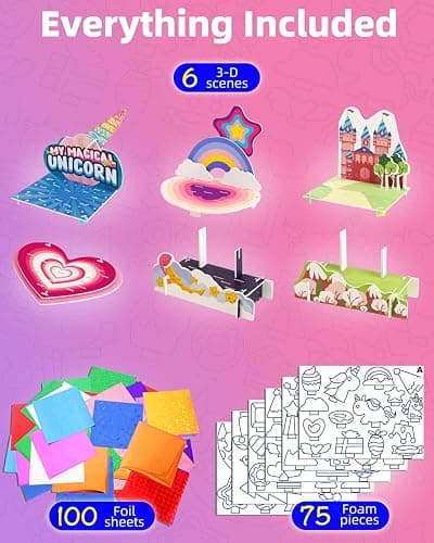 Foil Art with 3D Scenes, Foil Puzzle 3D Art Kit for Kids, No Mess Craft, DIY Creative Activity for Toddlers Boys Girls, Unicorn Party Favors, Birthday Gifts, Travel Toys, Ages 4 and Up thumbnail 7