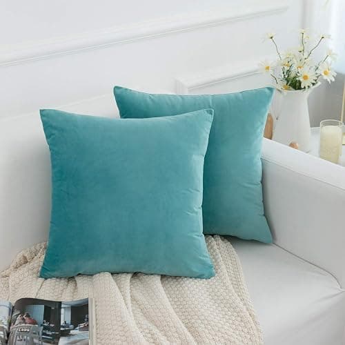 RainRoad Velvet Light Teal Throw Pillow Covers18x18 Inch,Set of 2 | Soft Square Decorative Throw Pillows for Sofa Couch Bed thumbnail 2