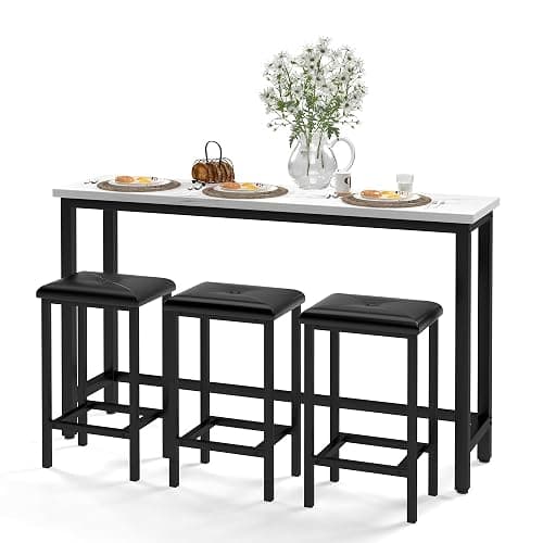 COCLUB Bar Table Set for 3, 60.2” Faux Marble Behind Couch Table Set, Modern Sofa Table with 3 Upholstered PU Stools, Space-Saving Bar Tables and Stools for Home, Apartment, Small Spaces (Black) - Image 1
