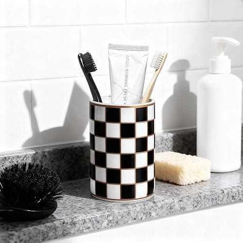 Checkered Bathroom Toothbrush Holder, Bathroom Black and White Ceramic Toothbrush Holder, Modern Toothbrush Box, Used for Bathroom countertop Storage Rack, Checkered Bathroom Decoration (Black) thumbnail 8