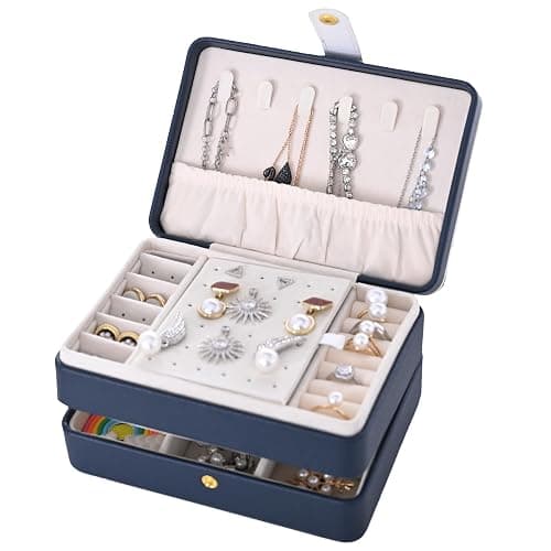 Jewelry Box,3 Layer Leather Jewellry Storage Boxes Small Travel Portable Jewelry Organiser Box for Women and Men Removable Flocking Compartment Gift for Girl Necklace Ring Earrings Bracelet (Blue) - Image 1