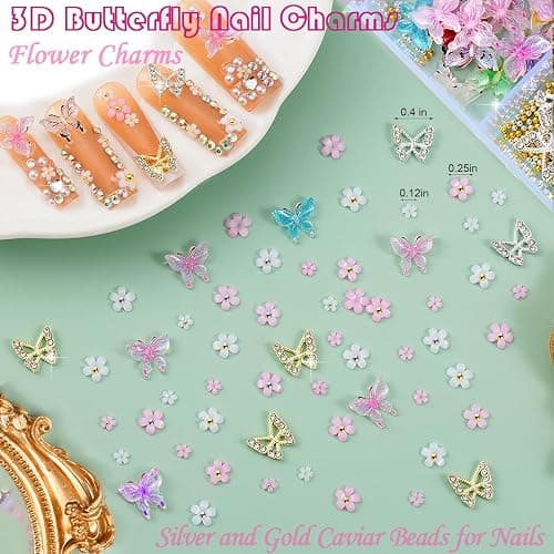 10000pcs Nail Charms and Gems:Pink Cute Bow Heart 3D Flower Charms for Junk Cases kit;Gold Chunky Butterfly Charms for Nails Design,nail jewels Diamond Rhinestones for Nails;Beads Pearls for Nails Art thumbnail 3