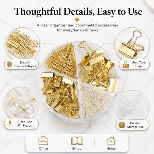 CREECHWA Gold Paper Binder and Clips Set, Metal Assorted Sized Binders with Push Pins, Cute Office Supplies, Teacher Desk Must Haves, Desk Accessories thumbnail 5