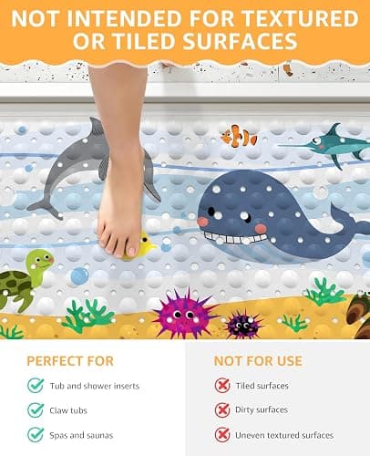 Yolife Non Slip Bathtub Mat, 16x39inch Kids Bath Mat Anti-Slip Cartoon Bathroom Floor Mat Shower Mat with Suction Cups and Drain Holes, Dolphin thumbnail 4