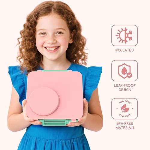 JoyYum Bento Box for Kids - Leak-Proof Bento Lunch Box with Insulated Thermos Food Jar - 4 Compartments, 1 Removable Divider, 1Spoon, 1 Fork - Dishwasher Safe, BPA-Free (Light pink) thumbnail 2