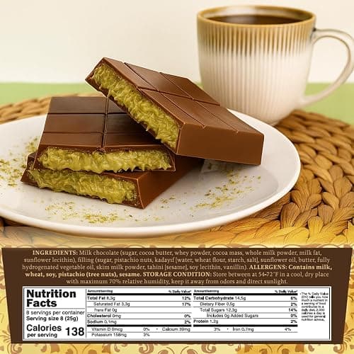 Dubai Crispy Knafeh Chocolate Pistachio Bar 7oz | Famous Dubai Kunafa Pistachio Chocolate Bar | Crispy Kunafe with Pistachio Paste | Gourmet Dessert Gift thumbnail 2