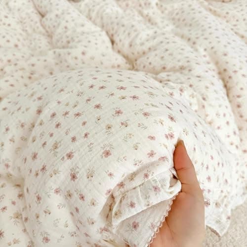 VM VOUGEMARKET 3 Pieces Full Cream Duvet Cover Set Ruffled,Girls Double-Layer Cotton Gauze Duvet Cover with Floral Pattern,Zipper Closure & Corner Ties,80"x90" thumbnail 9