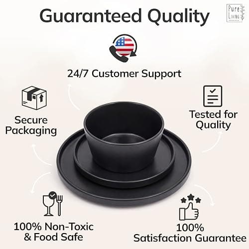 24 Piece Black Dinnerware Set for 8 | Matte Black Plates and Bowls Sets, Modern Stoneware Black Dishes Set | Scratch Resistant, Dishwasher & Microwave Safe | Matte Black Finish Ultra-Chic & Modern thumbnail 9