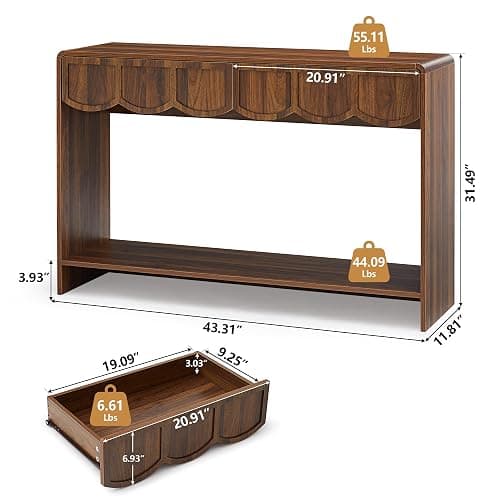 Console Table with Drawers, Mid-Century 43 Inches Narrow Entryway Tables with Open Storage Shelves, Hallway Accent Tables Behind Couch Table for Living Room - Walnut - Walnut thumbnail 2