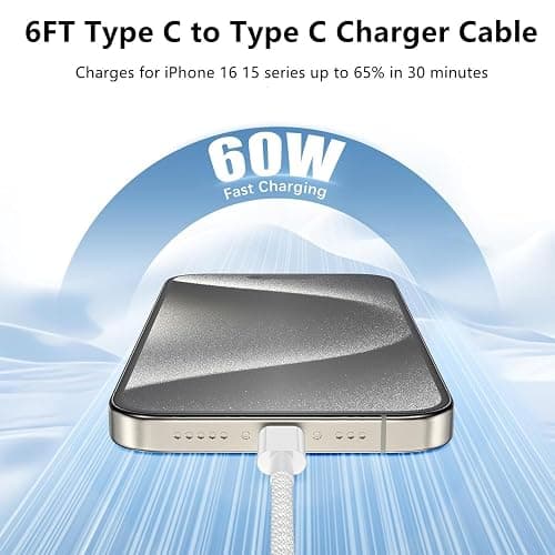 USB C to C Charger Cable 6ft, 60W Type C to C Fast Charging Cable Cord Long for Apple iPhone 17 Pro Max/17 Air/16 Pro Max/16 Pro/15 Plus/15 Pro Max/MacBook 2021/2020/2019,iPad Pro/Mini/Samsung Galaxy thumbnail 3
