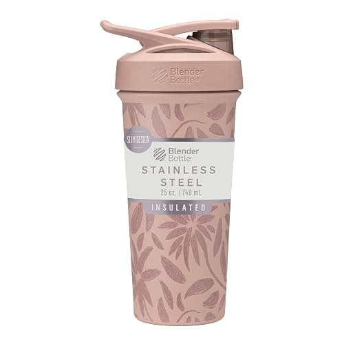 BlenderBottle Strada Flip Shaker Cup Insulated Stainless Steel Water Bottle with Wire Whisk, 25-Ounce, Brown Flowers - Image 1
