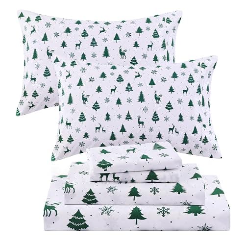 Viviland Christmas Holiday 100% Cotton Sheets Twin Single, Crisp Cooling Percale Deer Pine Tree Sheets, Soft Cozy Snowflake Winter Bedding - Image 1