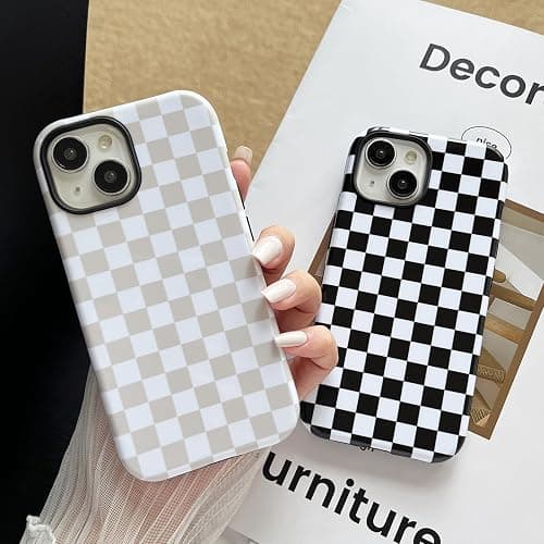 Longlayss Compatible with iPhone 13/14 Case Cute Aesthetic Checkerboard Checkered Phone Case for Women Girl Shockproof Slim TPU and Hard PC Protective Cover (Antique White) thumbnail 6