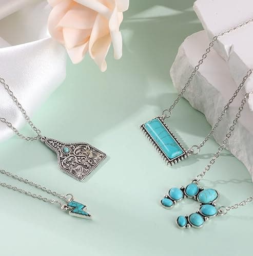 WAINIS 6PCS Western Necklaces for Women Layered Navajo Pearl Necklace Turquoise Cow Lightning Horseshoe Pendant Necklace Cowgirl Boho Set thumbnail 6