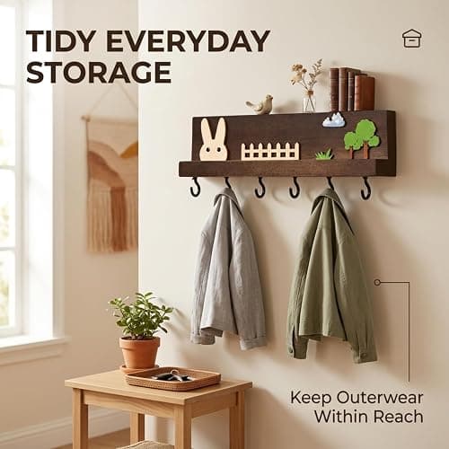 Raoletin Wooden Kids Coat Hooks Wall Mounted with 6 Hooks, No Drill Cute Bunny Woodland Theme Coat Rack, Glue-On Nursery Decor Hanger for Coats, Hats, Backpacks, Towels, Bedroom & Playroom thumbnail 6