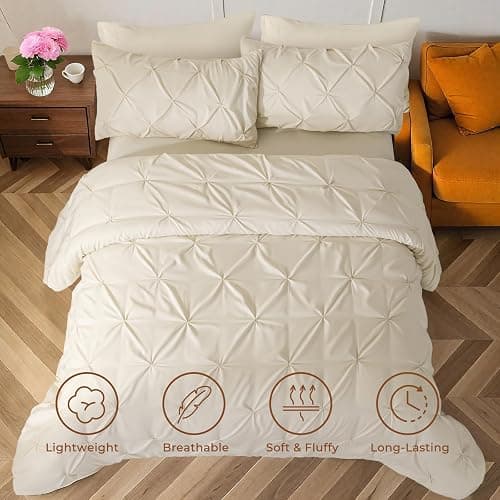 Sasttie Queen Comforter Set, 7-Piece Bed in a Bag, Pintuck Bedding Sets for All Season, Includes Comforter, Flat Sheet, Fitted Sheet, Pillowcases and Pillowshams, Beige thumbnail 2