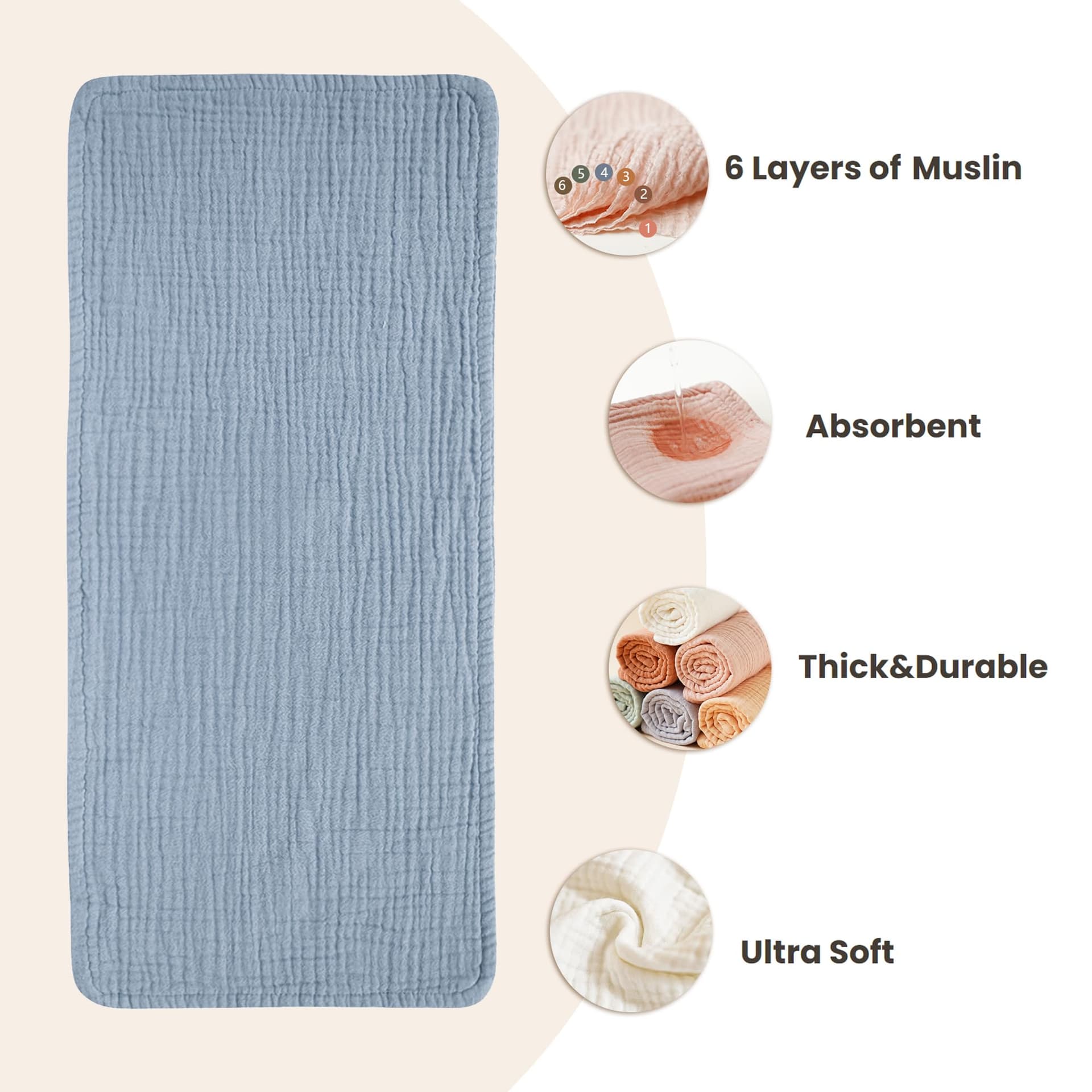Konssy Muslin Baby Burp Cloths Sets for Unisex- 6 Pack Large 100% Cotton Burping Clothes for Newborn，Baby Girls and Boys (Blue) - Blue thumbnail 3