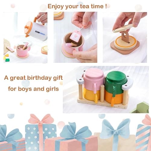 Benhurb Wooden Tea Set for Toddlers, Childrens Tea Party set for Kids, Afternoon Teapot Coffee Kitchen Accessories Pretend Role Play Food Toys Birthday for 3 4 5 Years Old Girls Boys thumbnail 6