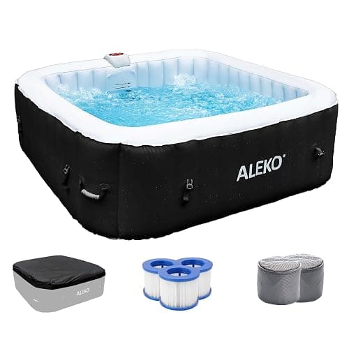 ALEKO Inflatable Hot Tub Spa with 1200W Heater & 130 Bubble Jets - Portable Hot Tub with Digital Controls, Filter Pump & Cover - Black & White, 265 Gal - 6 Person (Square) - Image 1