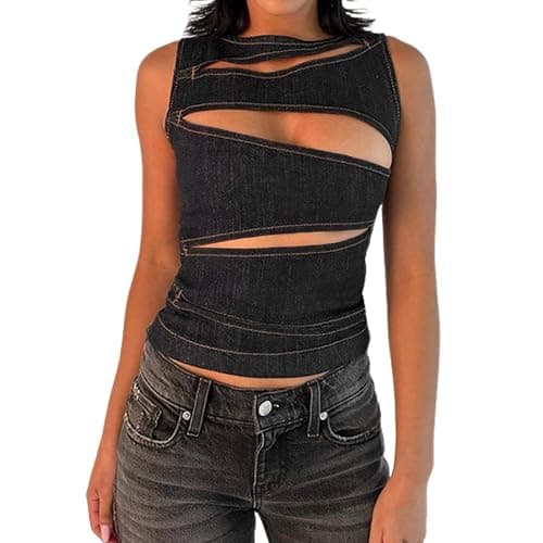 MINGSEECESS Women Sexy Irregular Hollow Out Cutting Denim Crop Tank Top Sleeveless Back Zipper Vest Clubwear - Image 1