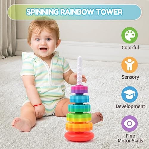 Riuja Baby Spinning Stacking Toys, 1-3 Rainbow Ring Stacker Montessori Toys for Babies, Sensory Toys for Toddlers, Christmas and Birthday Gifts Suitable for Boys and Girls (14 inches) thumbnail 3