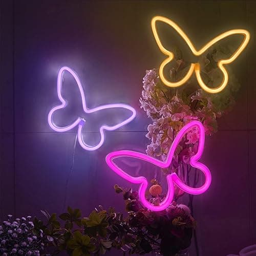 BRIGHTDECK 3 Pcs Butterfly Neon Signs, Neon Light for Bedroom, USB or 3-AA Battery Powered LED Wall Décor for Valentines Day Birthday Gift, Wedding, Party, Home Decor (Pink, Purple, Warm white) thumbnail 2