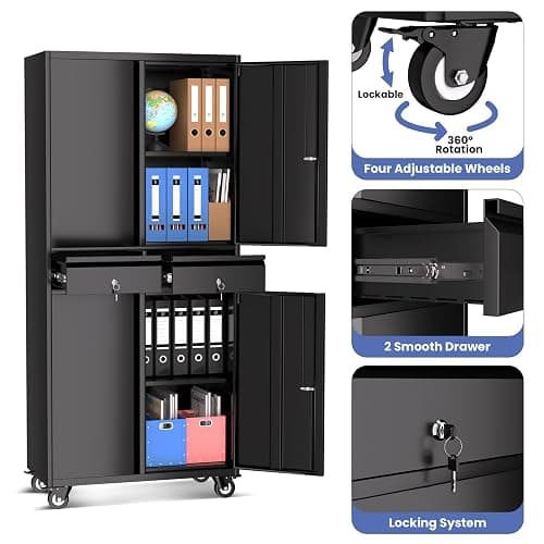 GarveeHome 73'' Metal Storage Cabinet, Heavy Duty Garage Storage with Wheels, Locking Doors and 2 Drawers, Adjustable Shelves, Black thumbnail 4