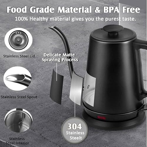 1L Electric Gooseneck Kettle, Tea Kettle for Boiling Water, Gooseneck Electric Kettle for Coffee & Tea, Fast Boiling for Pour Over, Auto Shut-Off, Boil-Dry Protection, 360° Rotational Base thumbnail 3