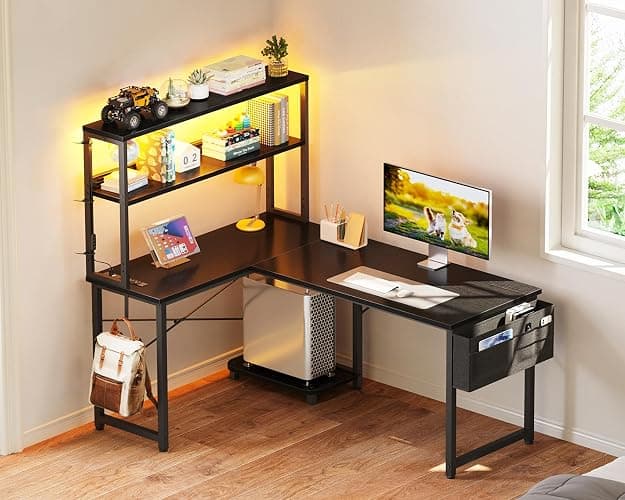 ODK 43" L Shaped Gaming Desk with Shelves, LED & Outlets, Black | Reversible L-shape. LED gaming lights & USB. Headset hook & storage bag. Fits dorms, small bedrooms & compact apartments. thumbnail 7