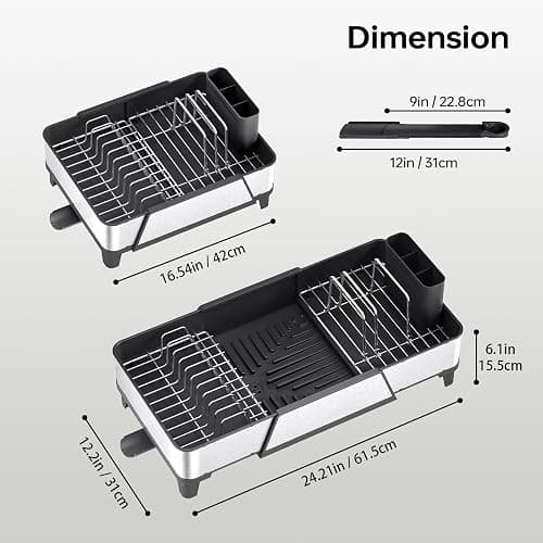 Urackify Large Dish Drying Rack - Triple Expandable Dish Rack for Kitchen Counter, Stainless Steel Sink Organization and Storage Essentials with Utensil & Pans Holder for Home and Appartment, Black thumbnail 2