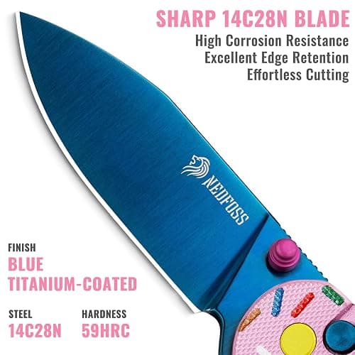 NedFoss DONUT Pink Pocket Knife for Women Men, 2.9" Blade Small EDC Knife, 14C28N Steel Button Lock Knife, Unique Donut Design G10 Handle Folding Knives thumbnail 3