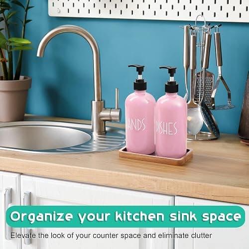 ALELION Dish Soap Dispenser for Kitchen - 16 OZ Glass Hand Soap Dispenser Set with Acacia Wood Tray - Pink Kitchen Bathroom Decor and Accessories thumbnail 4