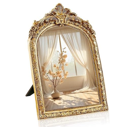 YUSONG Vintage Makeup Mirror for Tabletop - 8" Antique Gold Arched Desk Mirrors with Resin Frame Vanity Table Mirror for Bedroom Living Room Retro Decor - Image 1