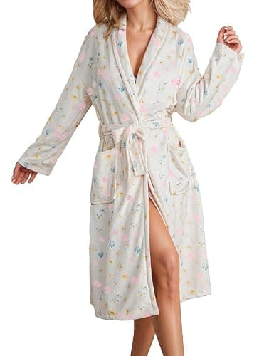 TIKITIDES Cute Fruit Robe for Women Soft Lightweight Fall Winter Bathrobe | Cute fruit berry print,Calf length,100% soft plush fuzzy flannel,Shawl collar,Bath robe with self-tie belt,2 front pockets, - Image 1