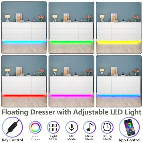 Gyfimoie 9 Drawer Dresser with Power Outlet, Floating White Dresser Chest of Drawer with LED Light,Modern Double Wide Drawer Organizer Cabinet for Bedroom,Living Room (9 Drawer-White) thumbnail 5