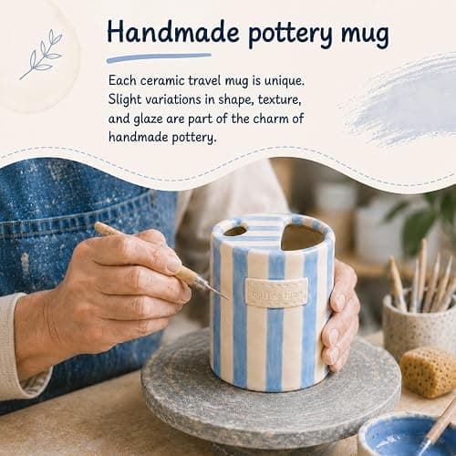 KOIMYSA Ceramic Coffee Mug with Sip Hole 12oz, To Go Ceramic Mug Striped | Hand Painted Espresso Cups Ceramic for Iced Coffee Tea Latte Matcha, Kitchen Dining Travel, Light Blue thumbnail 5