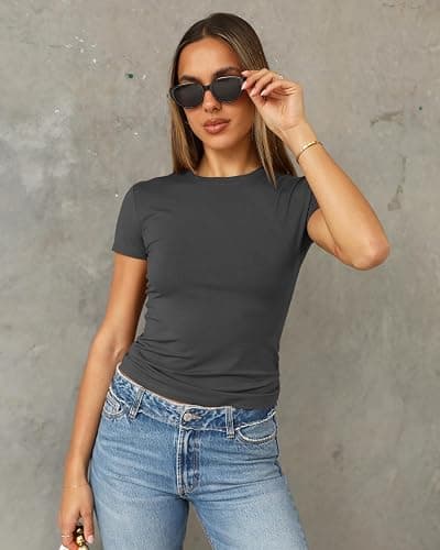 Abardsion Women's Casual Basic Going Out Crop Tops Slim Fit Short Sleeve Crew Neck Tight T Shirts 2026 thumbnail 2