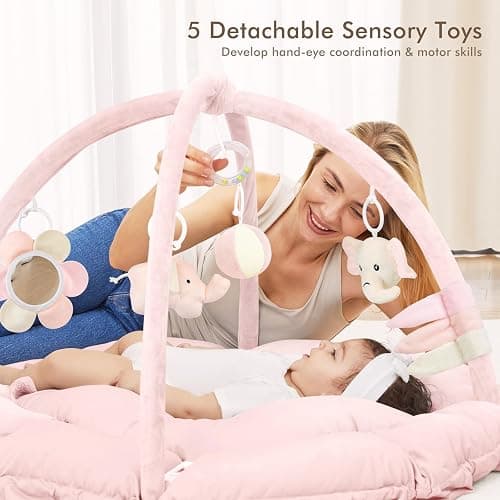 ANGELBLISS 5 in 1 Baby Play Gym Mat, Reversible Tummy Time Mat with 5 Sensory Toys for Stage-Based Developmental, Thick & Large Baby Activity Center from Newborn to Toddler (Pink) - Pink thumbnail 3