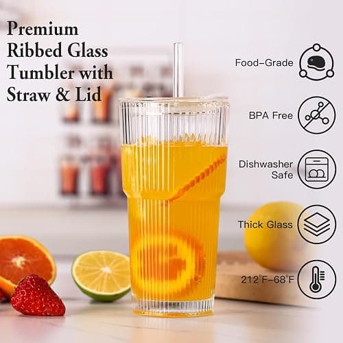 SIPBYSOP 4PCS Ribbed Glass Cups with Lids and Straws, 20oz Vintage Drinking Glasses, Aesthetic Iced Coffee Cups, Glass Tumbler for Boba, Beer, Tea, Cocktails, Ribbed Glassware Set,Clear thumbnail 3